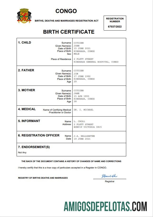 Imprimível modelo Word e PDF de certidão de nascimento de registro vital do Congo
